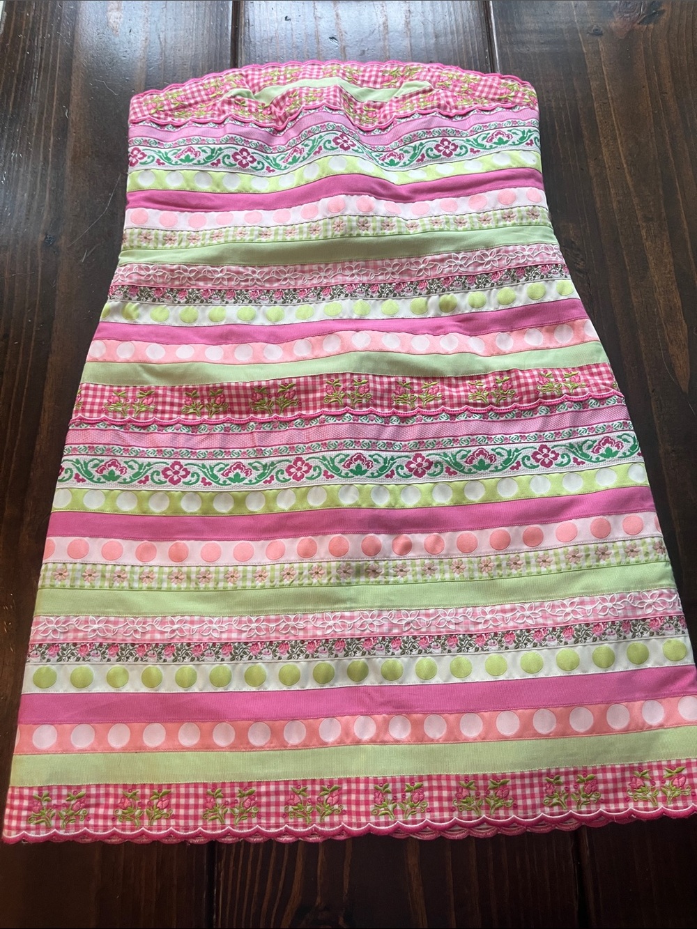 Lilly Pulitzer Strapless Pink & Green Striped Embroidered Grosgrain ribbon Dress